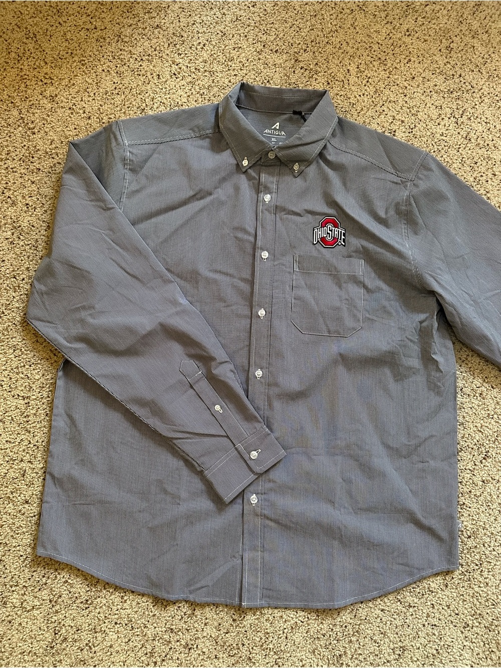 Antigua Gray Ohio State Button-Down Shirt with Embroidered Logo